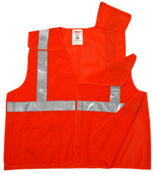 Job Sight Safety Vest, ANSI 107 Class 2, Fluorescent Orange Mesh, Velcro Closure, XXL/XXXL